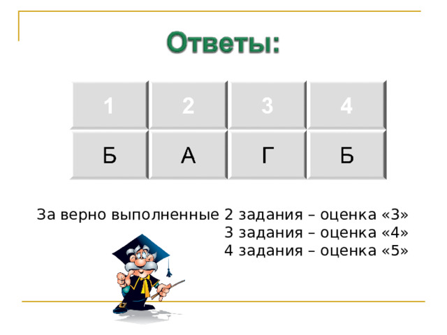 За верно выполненные 2 задания – оценка «3» 3 задания – оценка «4» 4 задания – оценка «5» 
