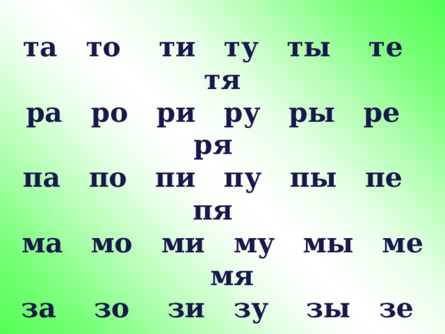 та то ти ту ты те тя ра ро ри ру ры ре ря па по пи пу пы пе пя ма мо ми му мы ме мя за зо зи зу зы зе зя ба бо би бу бы бе бя  