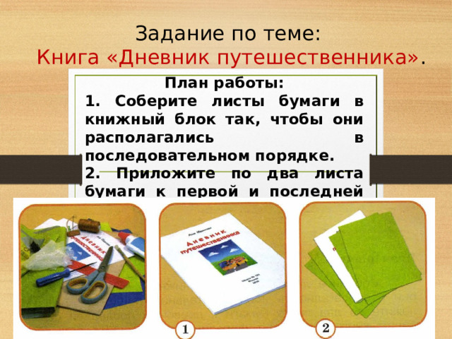 Задание по теме:  Книга «Дневник путешественника» . План работы: 1. Соберите листы бумаги в книжный блок так, чтобы они располагались в последовательном порядке. 2. Приложите по два листа бумаги к первой и последней страницам книги.  