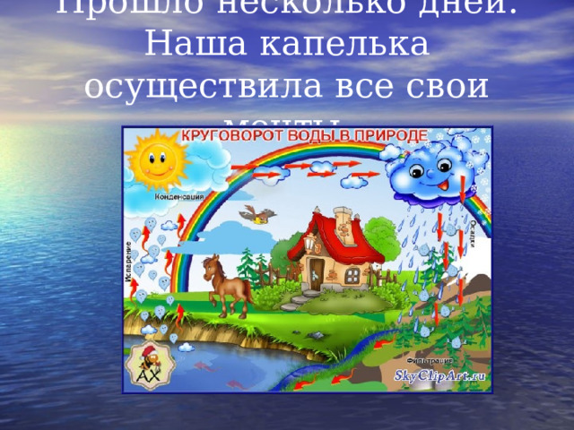 Прошло несколько дней. Наша капелька осуществила все свои мечты. 
