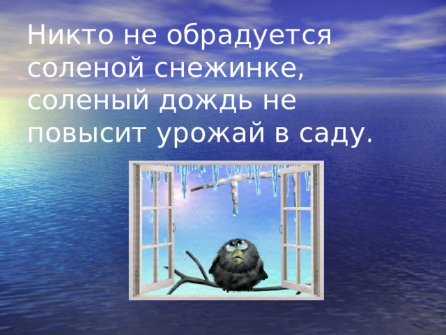 Никто не обрадуется соленой снежинке, соленый дождь не повысит урожай в саду. 