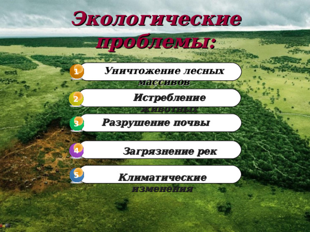 Экологические проблемы: Уничтожение лесных массивов  1 Истребление животных 2 Разрушение почвы 3 3 Загрязнение рек 4 4 5 Климатические изменения 