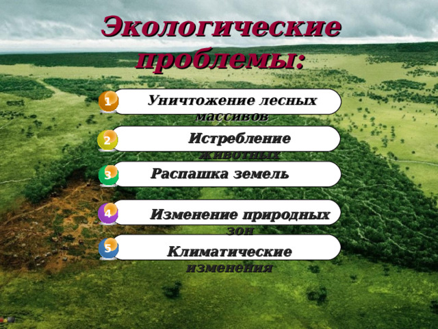 Экологические проблемы: Уничтожение лесных массивов  1 Истребление животных 2 Распашка земель 3 3 Изменение природных зон 4 4 5 Климатические изменения 