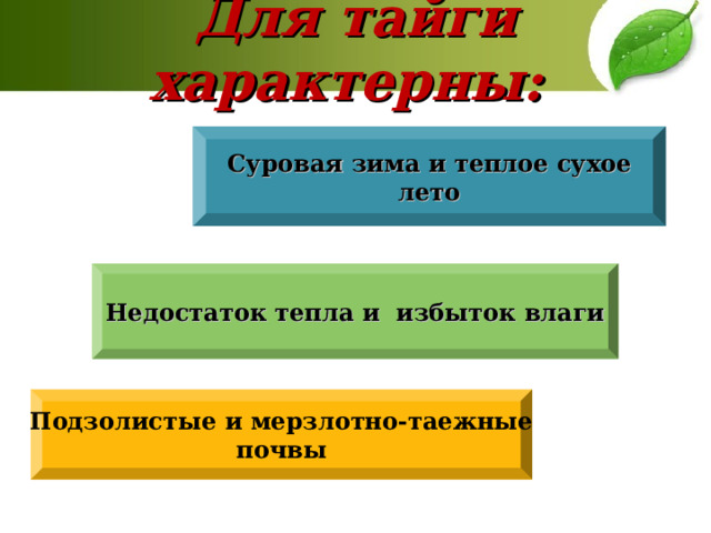 Для тайги характерны: Суровая зима и теплое сухое лето Недостаток тепла и избыток влаги Подзолистые и мерзлотно-таежные почвы 