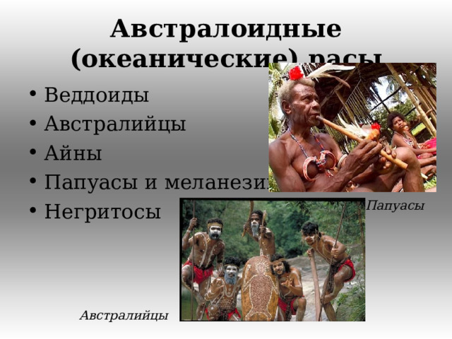 Австралоидные (океанические) расы Веддоиды Австралийцы Айны Папуасы и меланезийцы Негритосы Папуасы Австралийцы  