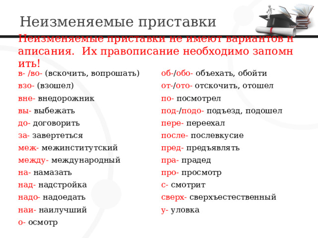  Неизменяемые приставки Неизменяемые приставки не имеют вариантов написания. Их правописание необходимо запомнить! в- /во- (вскочить, вопрошать) об- / обо- объехать, обойти взо- (взошел) от- / ото- отскочить, отошел вне- внедорожник по- посмотрел вы- выбежать под- / подо- подъезд, подошел до- договорить пере- переехал за- завертеться после- послевкусие меж- межинститутский пред- предъявлять между- международный пра- прадед на- намазать про- просмотр над- надстройка с- смотрит надо- надоедать сверх- сверхъестественный наи- наилучший у- уловка о- осмотр 