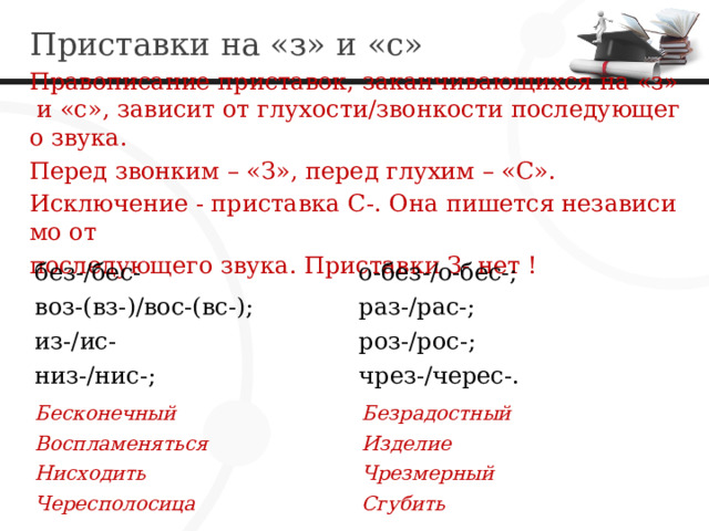 Приставки на «з» и «с» Правописание приставок, заканчивающихся на «з» и «с», зависит от глухости/звонкости последующего звука. Перед звонким – «З», перед глухим – «С». Исключение - приставка С-. Она пишется независимо от последующего звука. Приставки З- нет ! без-/бес- воз-(вз-)/вос-(вс-); о-без-/о-бес-; из-/ис- раз-/рас-; роз-/рос-; низ-/нис-; чрез-/черес-. Бесконечный Воспламеняться Безрадостный Нисходить Изделие Чрезмерный Чересполосица Сгубить 