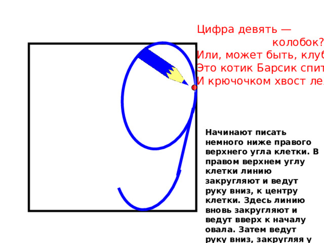 Цифра девять —  колобок?  Или, может быть, клубок?  Это котик Барсик спит,  И крючочком хвост лежит. Начинают писать немного ниже правого верхнего угла клетки. В правом верхнем углу клетки линию закругляют и ведут руку вниз, к центру клетки. Здесь линию вновь закругляют и ведут вверх к началу овала. Затем ведут руку вниз, закругляя у середины нижней стороны клетки. 
