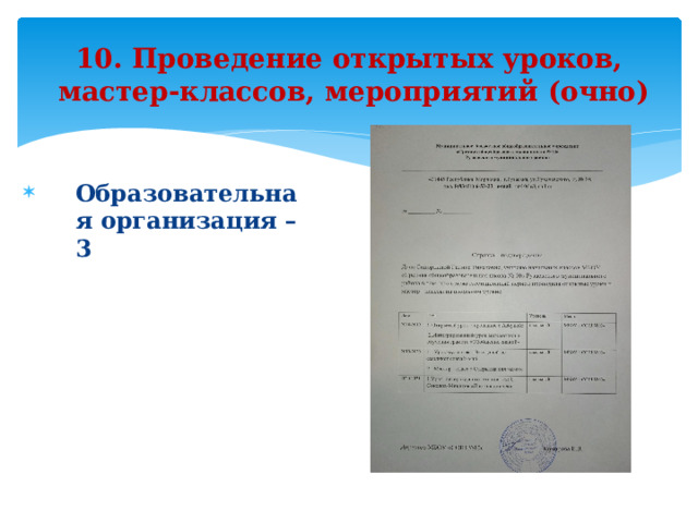 10. Проведение открытых уроков,  мастер-классов, мероприятий (очно)  Образовательная организация – 3     