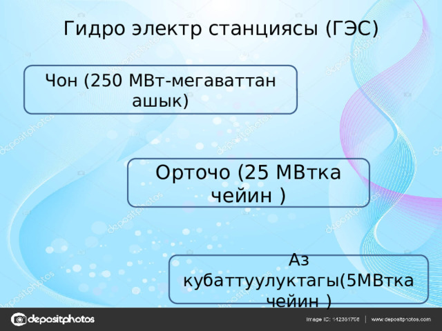 Гидро электр станциясы (ГЭС) Чон (250 МВт-мегаваттан ашык) Орточо (25 МВтка чейин ) Аз кубаттуулуктагы(5МВтка чейин ) 