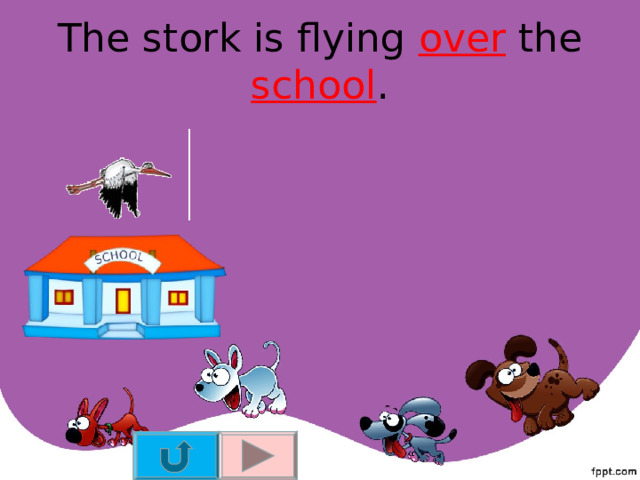 The stork is flying over the school . 