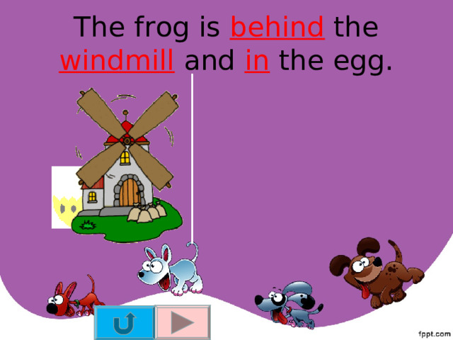 The frog is behind the windmill and in the egg. 