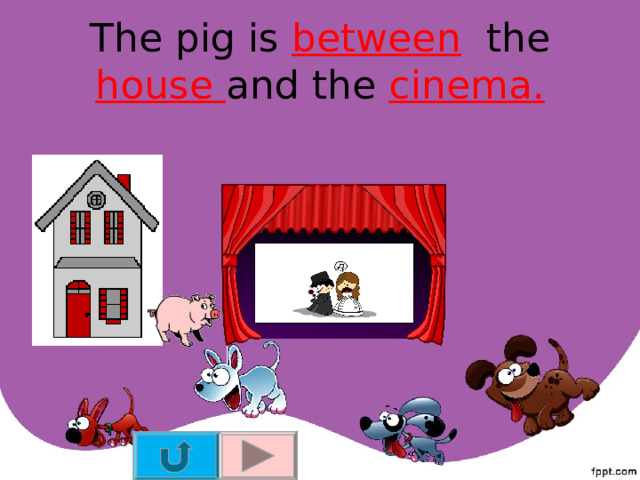 The pig is between the house and the cinema. 