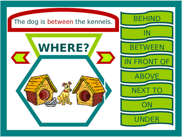 The dog is between the kennels. BEHIND IN WHERE? BETWEEN IN FRONT OF ABOVE NEXT TO ON UNDER 