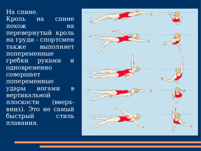 На спине. Кроль на спине похож на перевернутый кроль на груди - спортсмен также выполняет попеременные гребки руками и одновременно совершает попеременные удары ногами в вертикальной плоскости (вверх-вниз). Это не самый быстрый стиль плавания. 