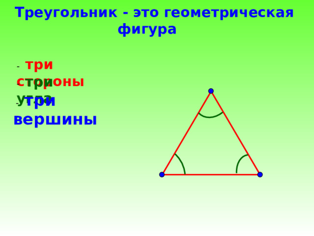        Треугольник - это геометрическая фигура - три стороны - три угла   - три вершины    