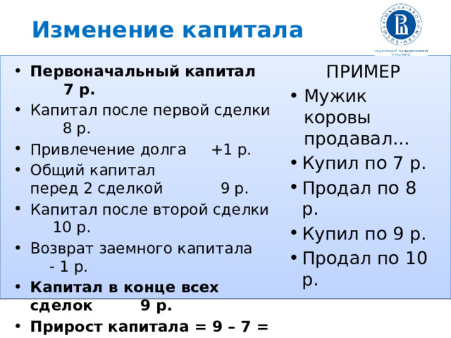 Изменение капитала ПРИМЕР Мужик коровы продавал… Купил по 7 р. Продал по 8 р. Купил по 9 р. Продал по 10 р. Первоначальный капитал  7 р. Капитал после первой сделки  8 р. Привлечение долга    +1 р. Общий капитал  перед 2 сделкой     9 р. Капитал после второй сделки  10 р. Возврат заемного капитала - 1 р. Капитал в конце всех сделок 9 р. Прирост капитала = 9 – 7 =  +2 р.   