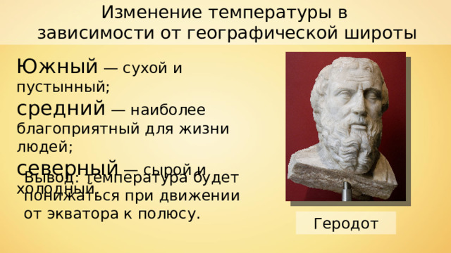 Изменение температуры в зависимости от географической широты Южный — сухой и пустынный; c редний — наиболее благоприятный для жизни людей; c еверный — сырой и холодный. Вывод: температура будет понижаться при движении от экватора к полюсу. Геродот 