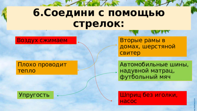 6.Соедини с помощью стрелок: Воздух сжимаем Вторые рамы в домах, шерстяной свитер Плохо проводит тепло Автомобильные шины, надувной матрац, футбольный мяч Упругость Шприц без иголки, насос 