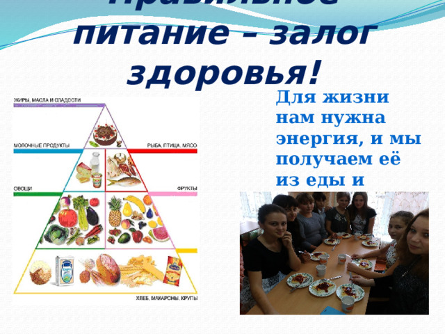 Правильное питание – залог здоровья! Для жизни нам нужна энергия, и мы получаем её из еды и питания. 