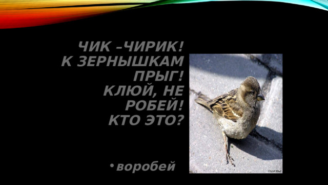 Чик –чирик!  К зернышкам прыг!  Клюй, не робей!  Кто это? воробей 