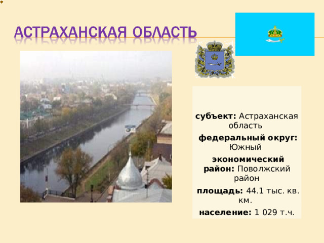субъект: Астраханская область   федеральный округ: Южный   экономический район: Поволжский район   площадь: 44.1 тыс. кв. км.   население: 1 029 т.ч. 