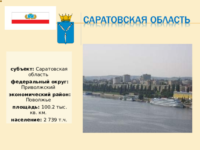 субъект: Саратовская область   федеральный округ: Приволжский   экономический район: Поволжье   площадь: 100.2 тыс. кв. км.   население: 2 739 т.ч. 