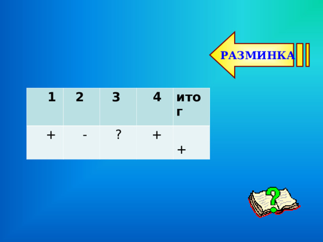РАЗМИНКА  1  2  +  3  -  4  ? итог  +  + 