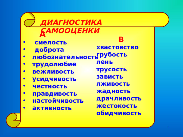   А  смелость  доброта  любознательность  трудолюбие  вежливость  усидчивость  честность  правдивость  настойчивость  активность  ДИАГНОСТИКА САМООЦЕНКИ    В хвастовство грубость лень трусость зависть лживость жадность драчливость жестокость обидчивость 