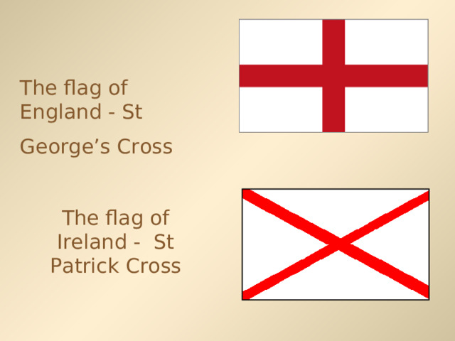The flag of England - St George’s Cross  The flag of Ireland - St Patrick Cross 