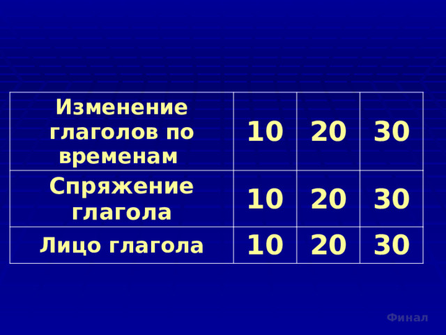 Изменение глаголов по временам 10 Спряжение глагола 10 20 Лицо глагола 30 20 10 30 20 30 Финал 