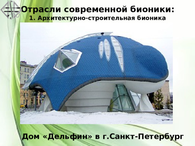Отрасли современной бионики:  1. Архитектурно-строительная бионика Дом «Дельфин» в г.Санкт-Петербург 