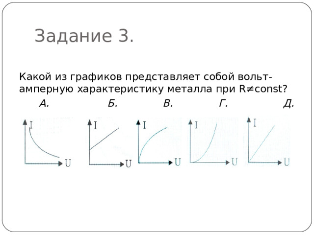 Задание 3. Какой из графиков представляет собой вольт-амперную характеристику металла при R ≠ const ?  А. Б. В. Г. Д.  