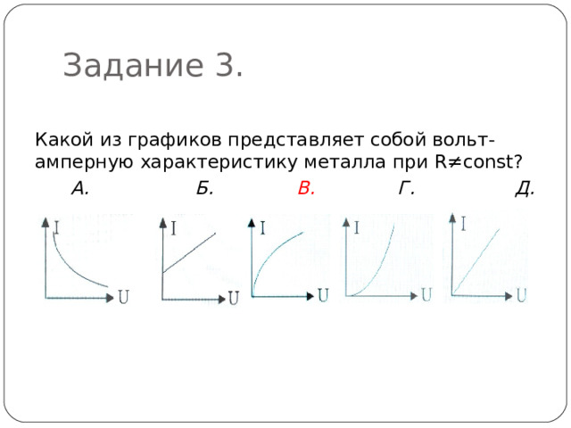 Задание 3. Какой из графиков представляет собой вольт-амперную характеристику металла при R ≠ const ?  А. Б. В. Г. Д.  