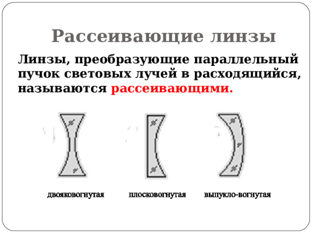 Рассеивающие линзы Линзы, преобразующие параллельный пучок световых лучей в расходящийся, называются рассеивающими.  