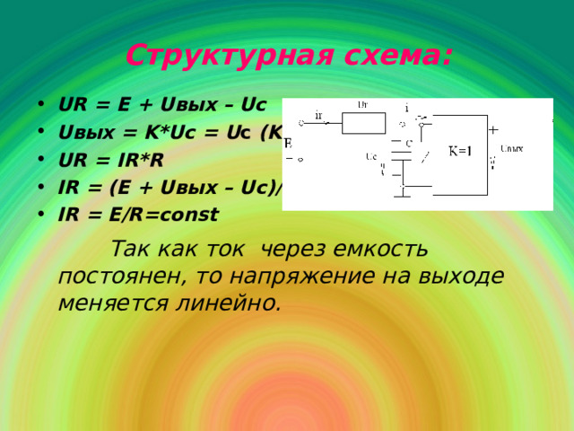 Структурная схема : UR = E + U вых – Uc U вых = K*Uc = U c (K=1) UR = IR*R IR = (E + U вых – Uc)/R  IR = E/R=const   Так как ток через емкость постоянен, то напряжение на выходе меняется линейно.    