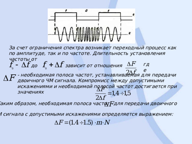 За счет ограничения спектра возникает переходный процесс как по амплитуде, так и по частоте. Длительность установления частоты от где зависит от отношения  до  - необходимая полоса частот, устанавливаемая для передачи двоичного ЧМ сигнала. Компромисс между допустимыми искажениями и необходимой полосой частот достигается при значениях Таким образом, необходимая полоса частот   для передачи двоичного   ЧМ сигнала с допустимыми искажениями определяется выражением : 