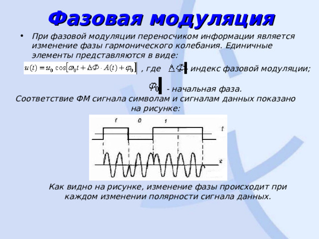 Фазовая модуляция При фазовой модуляции переносчиком информации является изменение фазы гармонического колебания. Единичные элементы представляются в виде: , где   - индекс фазовой модуляции; - начальная фаза. Соответствие ФМ сигнала символам и сигналам данных показано на рисунке:  Как видно на рисунке, изменение фазы происходит при каждом изменении полярности сигнала данных. 