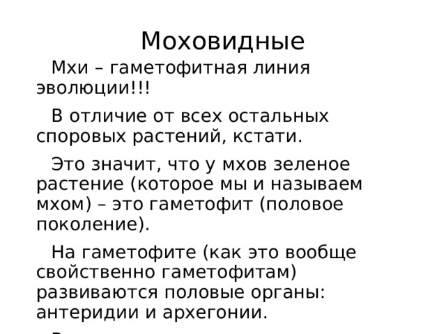 Моховидные Мхи – гаметофитная линия эволюции!!! В отличие от всех остальных споровых растений, кстати. Это значит, что у мхов зеленое растение (которое мы и называем мхом) – это гаметофит (половое поколение). На гаметофите (как это вообще свойственно гаметофитам) развиваются половые органы: антеридии и архегонии. В антеридиях – двужгутиковые (подвижные!) сперматозоиды. В архегониях – крупные яйцеклетки (неподвижные)   