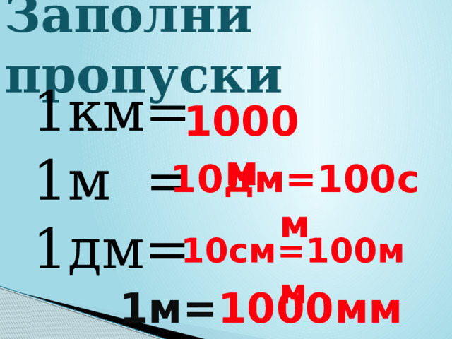 Заполни пропуски 1км= 1м = 1дм= 1000м 10дм=100см 10см=100мм 1м= 1000мм 