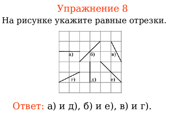 Упражнение 8 На рисунке у кажите равные отрезки.  В режиме слайдов ответы появляются после кликанья мышкой Ответ:  а) и д), б) и е), в) и г). 