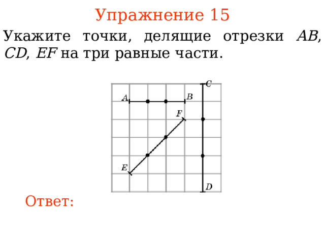 Упражнение 15 Укажите точки, делящие отрезки AB , CD , EF на три равные части. В режиме слайдов ответы появляются после кликанья мышкой Ответ: 