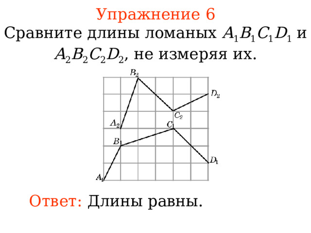 Упражнение 6 Сравните длины ломаных A 1 B 1 C 1 D 1  и A 2 B 2 C 2 D 2 , не измеряя их. В режиме слайдов ответы появляются после кликанья мышкой Ответ: Длины равны. 