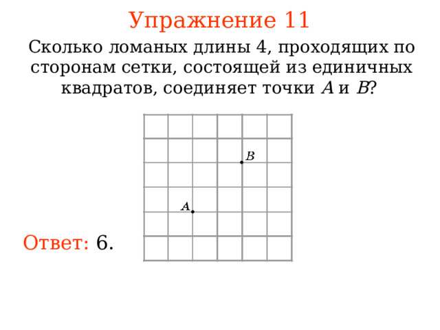 Упражнение 1 1 Сколько ломаных длины 4, проходящих по сторонам сетки, состоящей из единичных квадратов, соединяет точки A и B ? В режиме слайдов ответы появляются после кликанья мышкой Ответ: 6. 