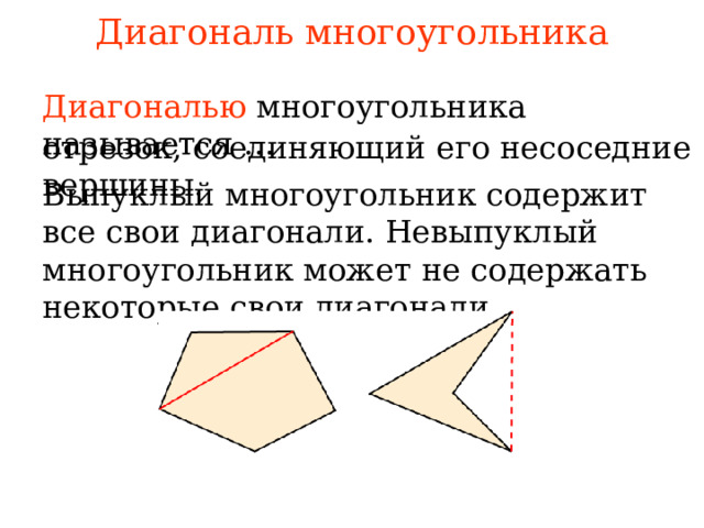 Диагональ многоугольника Диагональю  многоугольника называется … отрезок, соединяющий его несоседние вершины. В ыпуклый многоугольник содержит все свои диагонали. Невыпуклый многоугольник может не содержать некоторые свои диагонали . В режиме слайдов ответы появляются после кликанья мышкой 