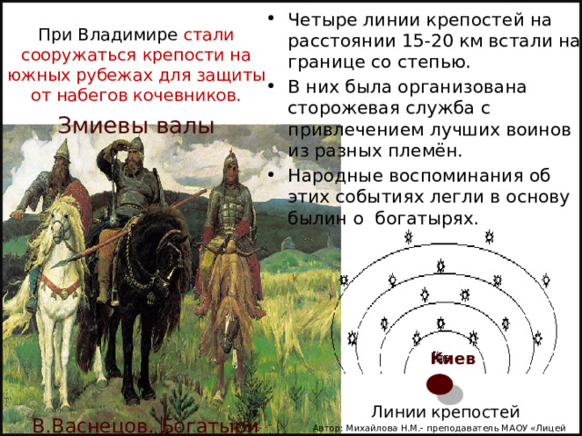 Четыре линии крепостей на расстоянии 15-20 км встали на границе со степью. В них была организована сторожевая служба с привлечением лучших воинов из разных племён. Народные воспоминания об этих событиях легли в основу былин о богатырях. При Владимире стали сооружаться крепости на южных рубежах для защиты от набегов кочевников.   Змиевы валы Киев Линии крепостей В.Васнецов. Богатыри Автор: Михайлова Н.М.- преподаватель МАОУ «Лицей № 21» 