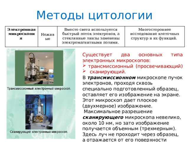 Методы цитологии Электронная микроскопия Неживые Вместо света используется быстрый поток электронов, а стеклянные линзы заменены электромагнитными полями. Многостороннее исследование клеточных структур и их функций. Существует два основных типа электронных микроскопов: трансмиссионный (просвечивающий)  сканирующий. В трансмиссионном  микроскопе пучок электронов, проходя сквозь специально подготовленный образец, оставляет его изображение на экране. Этот микроскоп дает плоское (двухмерное) изображение.   Максимальное разрешение сканирующего  микроскопа невелико, около 10 нм, но зато изображение получается объемным (трехмерным). Здесь луч не проходит через образец, а отражается от его поверхности (образец сканируют). 