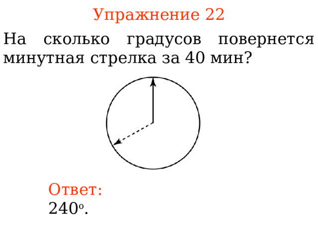 Упражнение 2 2 На сколько градусов повернется минутная стрелка за 40 мин? В режиме слайдов ответы появляются после кликанья мышкой Ответ:  24 0 о .  