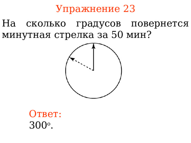 Упражнение 2 3 На сколько градусов повернется минутная стрелка за 50 мин? В режиме слайдов ответы появляются после кликанья мышкой Ответ:  30 0 о .  