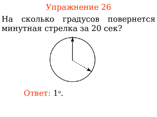 Упражнение 2 6 На сколько градусов повернется минутная стрелка за 20 сек ? В режиме слайдов ответы появляются после кликанья мышкой Ответ:  1 о .  